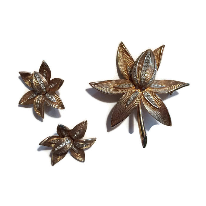 Golden Orchid Rhinestone Adorned Brooch and Earrings Set circa 1940s