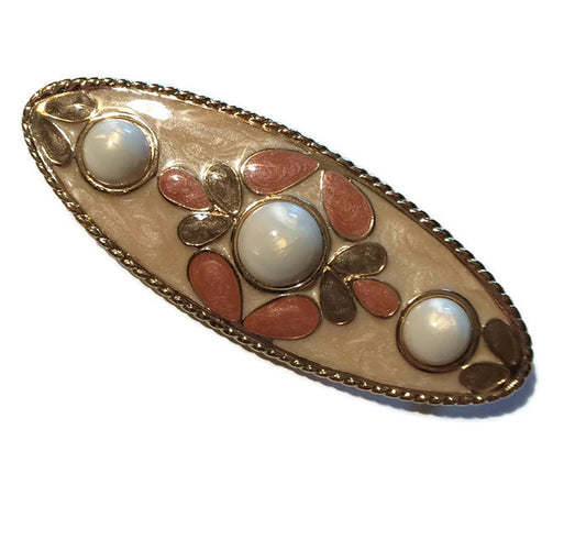 Peachy Pastel Faux Pearl Dotted Oval Brooch circa 1980s