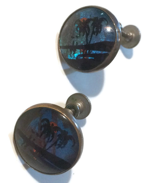 Domed Glass Palm Tree Image on Blue Butterfly Wings Clip Earrings circa 1920s