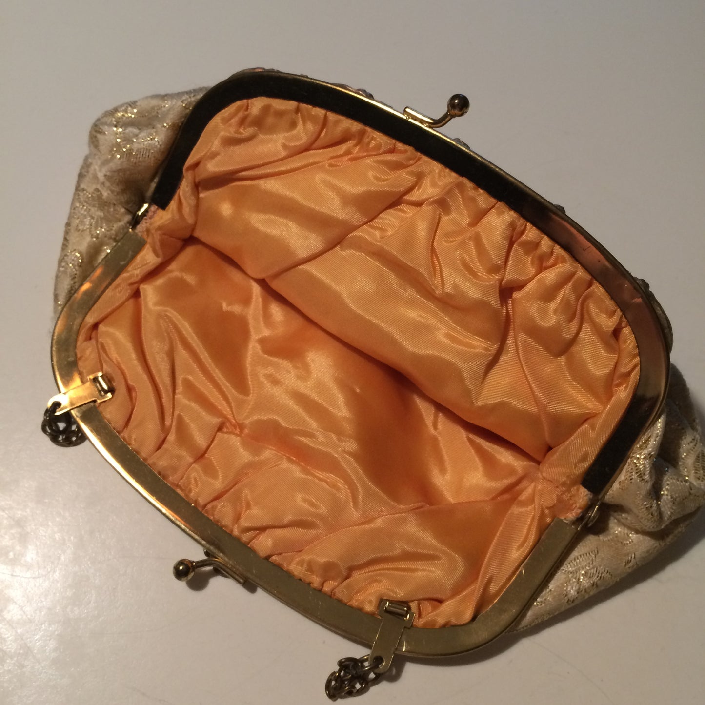 Lovely Golden Metallic Embroidered Champagne Silk Handbag w/ Rhinestones circa 1950s