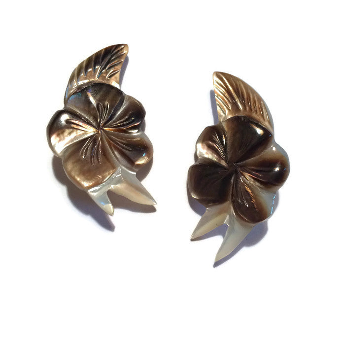 Carved Floral Abalone Shell Clip Earrings circa 1940s