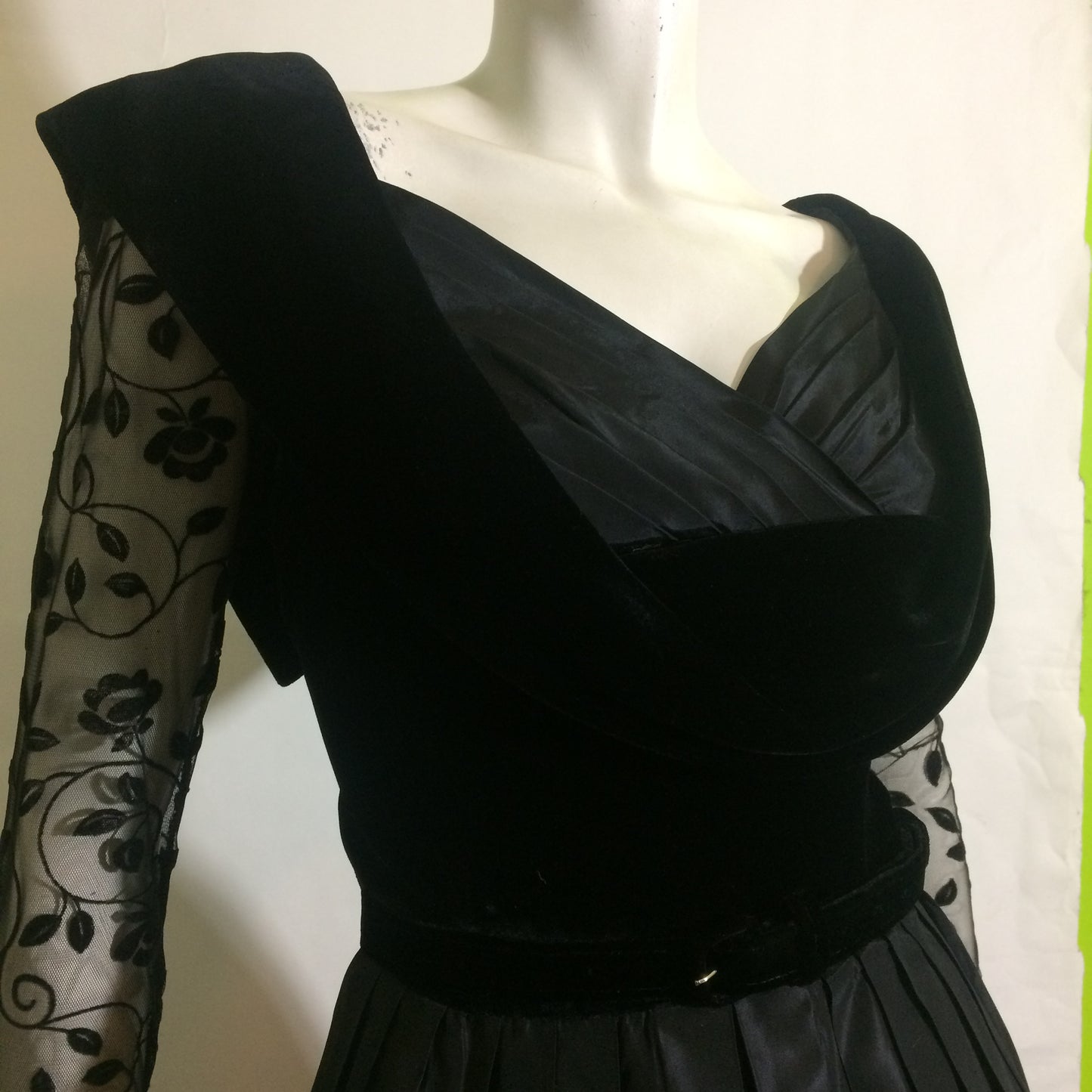 Nipped Waist Black Taffeta and Velvet Full Skirt Cocktail Dress circa 1950s