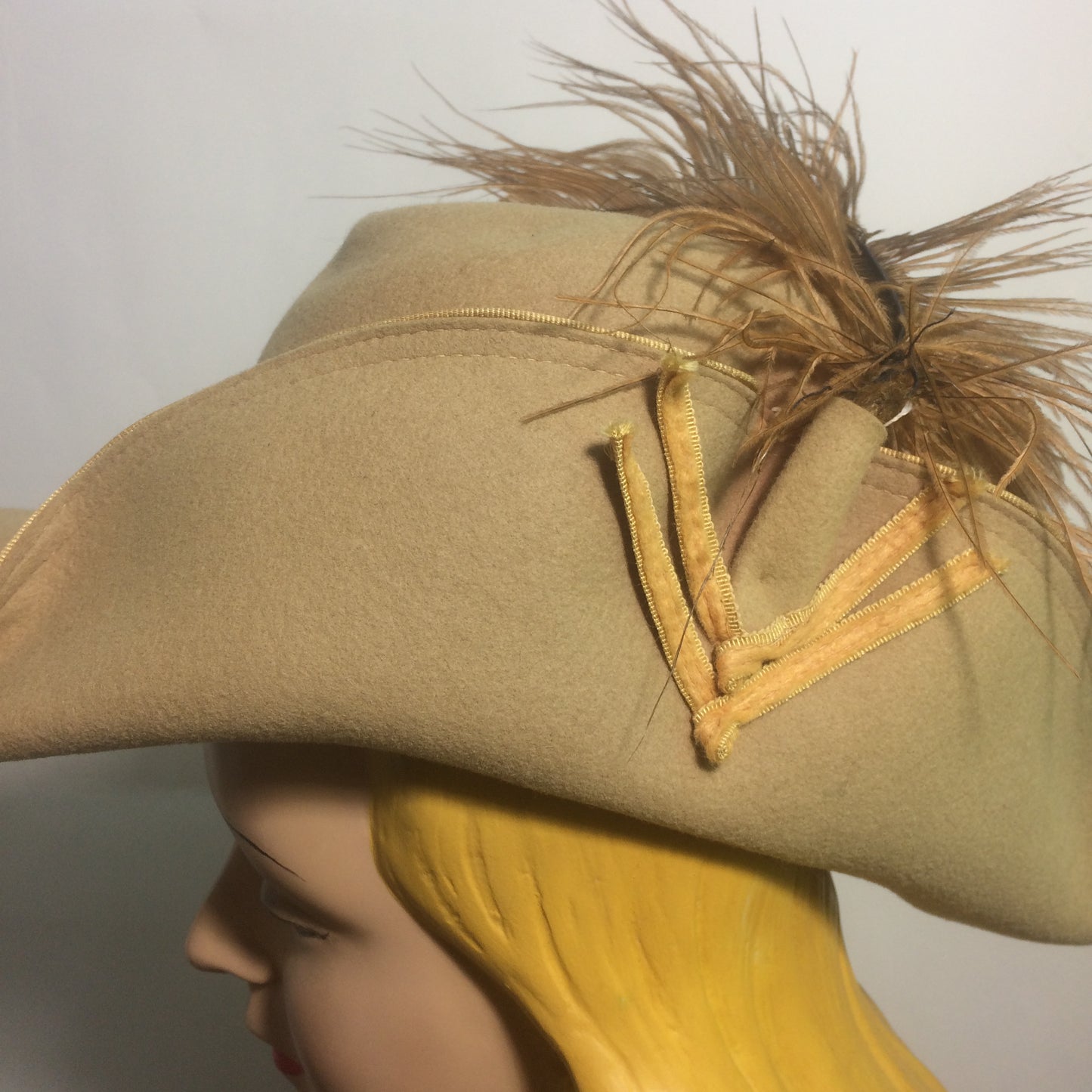 Jaunty Tan Structured Wool Hat w/ Feathers Turned up Brim circa 1960s