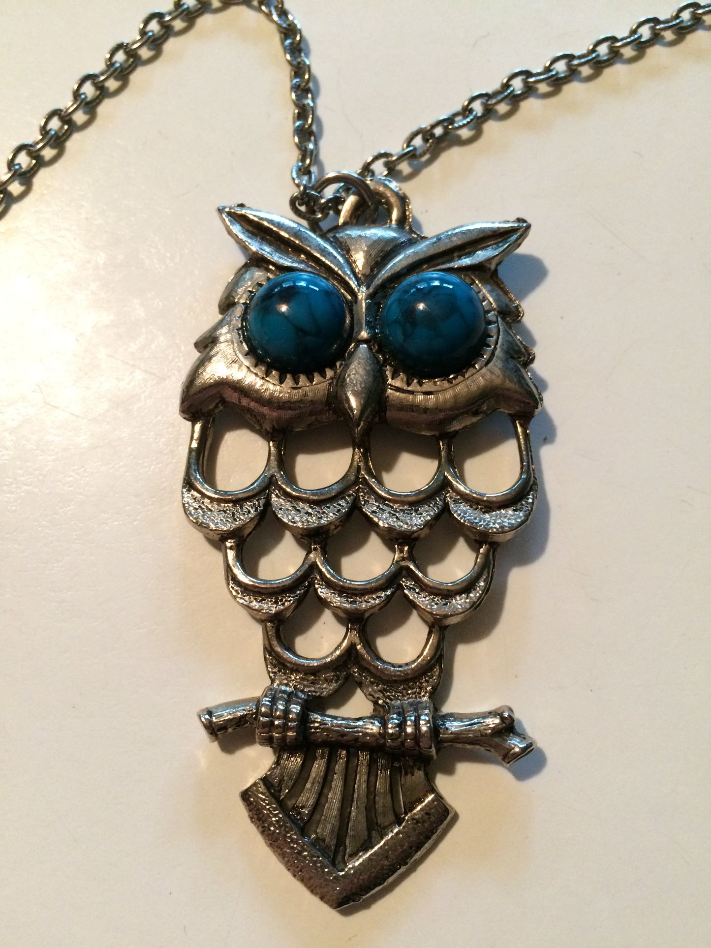 Turquoise Eye Silver Tone Metal Owl Pendant Necklace circa 1970s