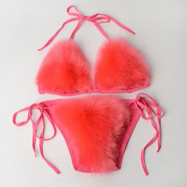 FemBot- the Fuzzy Faux Fur Trimmed Bikini Lingerie 11 Colors