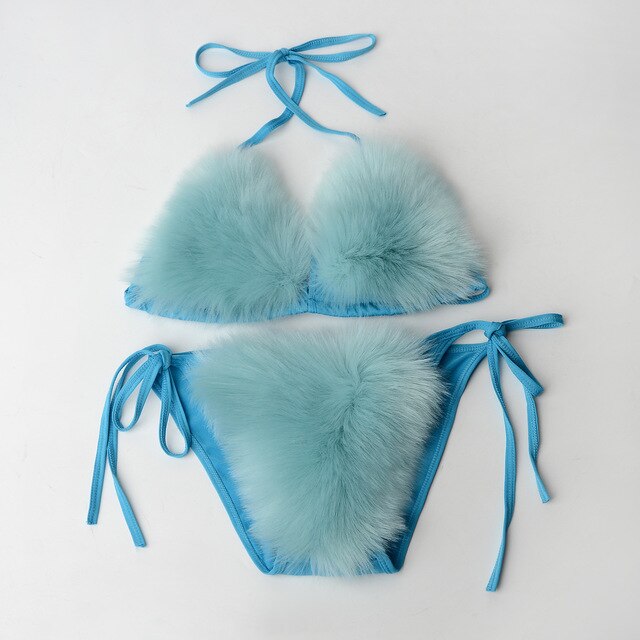 FemBot- the Fuzzy Faux Fur Trimmed Bikini Lingerie 11 Colors