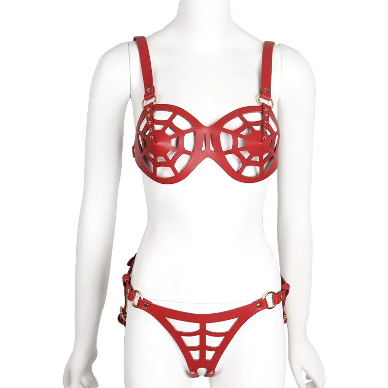 Web of Sighs- the Leather Look Spider Web Bra and Harness/Panty Set 2 Colors