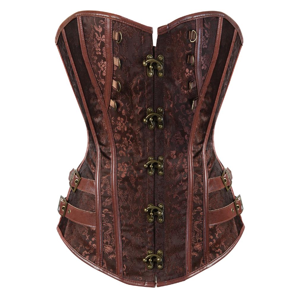 Swashbuckled- the Buckle Trimmed Faux Leather & Damask Corset Top 3 Colors Plus Sizes