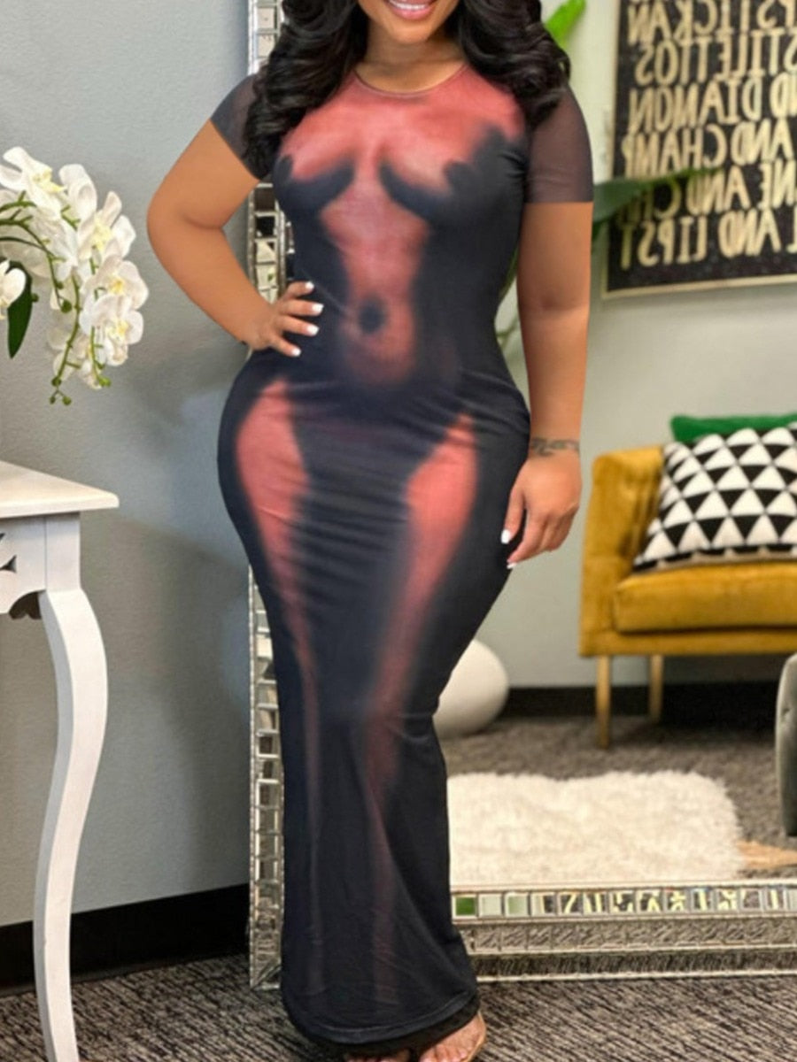Curves Ahead- the Nude Body Negative Print Bodycon Dress Plus Sizes