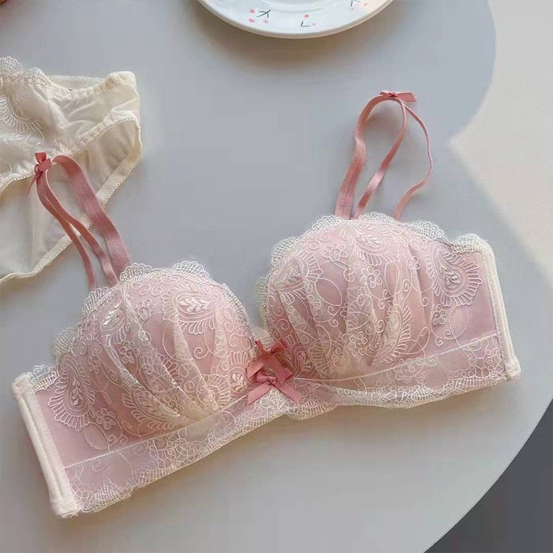 Gathering- the Ruched Cup Lace Trimmed Chiffon Bra 3 Colors