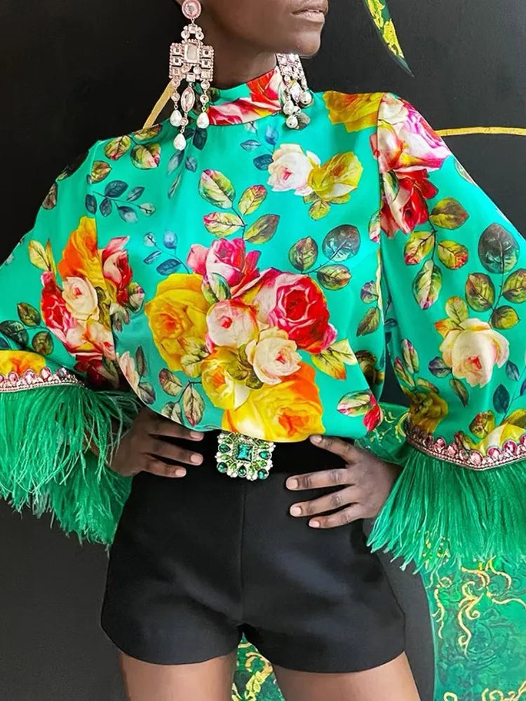 Mazzo- the Rose Bouquet Print Satin Blouse with Feather Cuffs 3 Color Ways