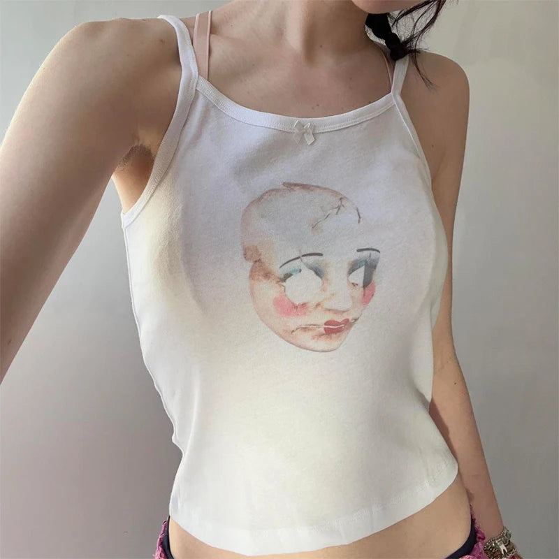 Dollface- the Shattered Doll Face Tank Top with Bow