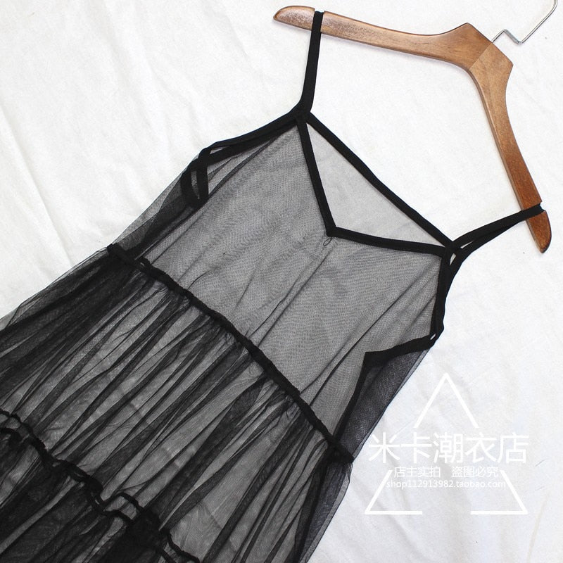 Toyland- the Sheer Tiered Sleeveless 90s Style Mesh Dress Black or White