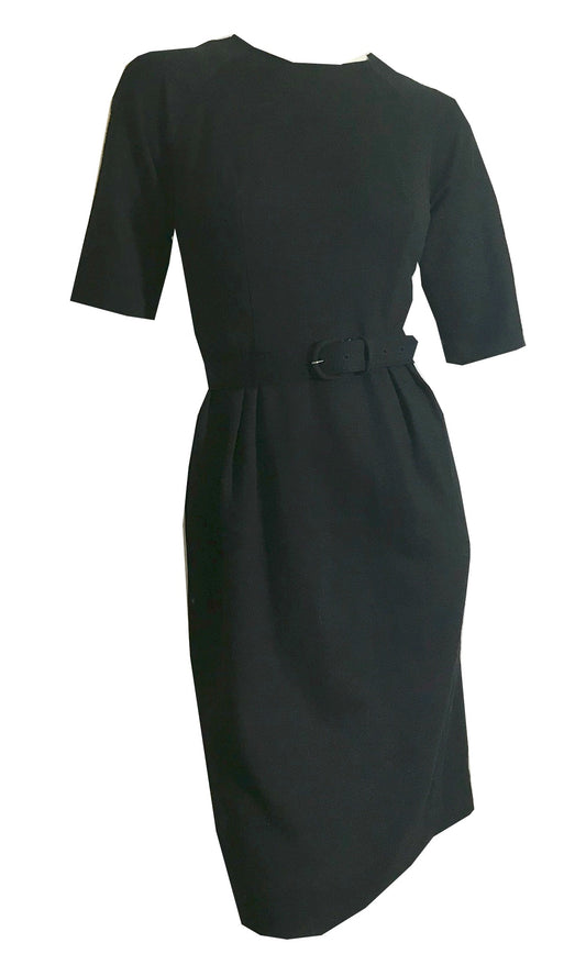 Black Short Sleeved Wool Classic Day to Night Dress circa 1960s