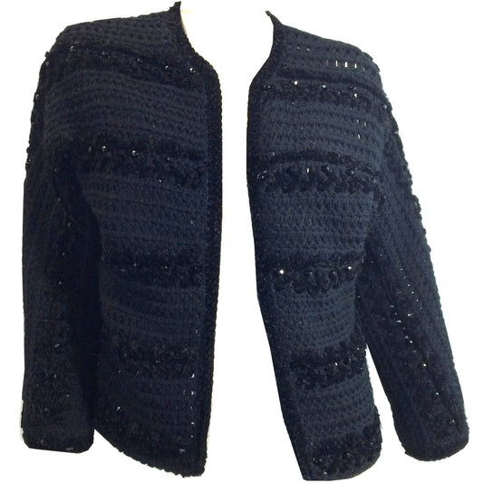 Lush Black Chenille Knit Beaded Cardigan Sweater circa 1960s