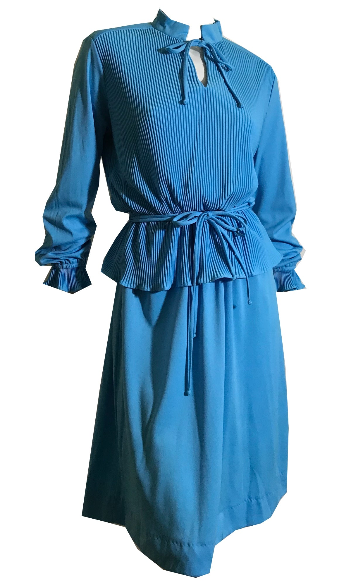 Sea Sky Blue Pleated Bodice Dress with Peplum circa 1970s