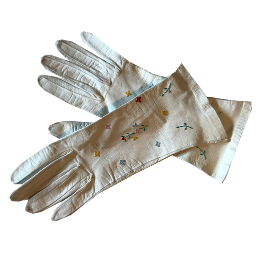 Pastel Floral Embroidered White Leather Gloves circa 1950s