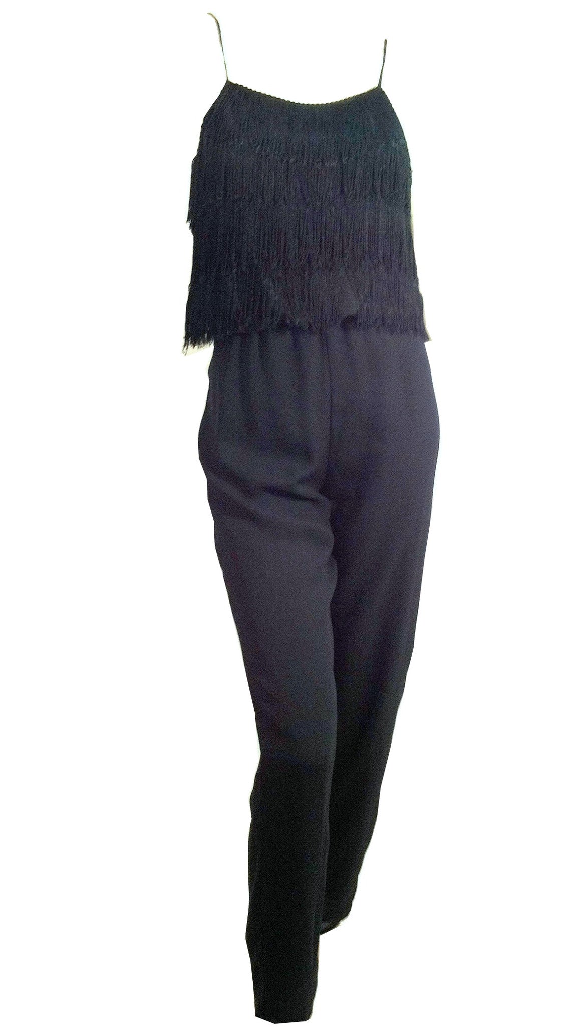 Disco Black Fringed Bodice Pantsuit w/ Spaghetti Straps circa 1980s Dorothea's Closet Vintage Clothing