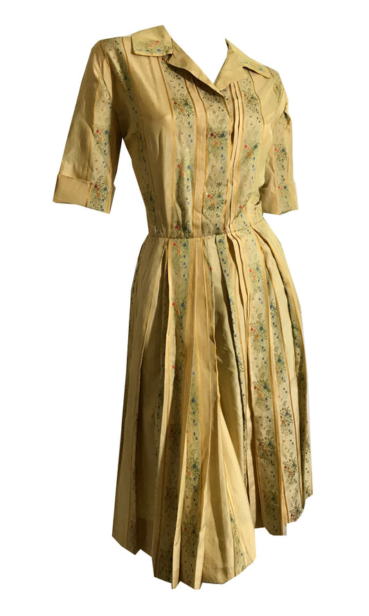 Golden Victorian Inspired Silk Floral and Stripe Shirt Waist Dress circa 1950s Holly Hoelscher
