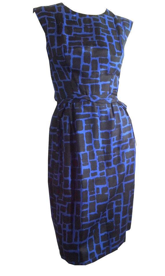 Black and Blue Abstract Print Sleeveless Sheath Dress w/ Bow circa 1960s