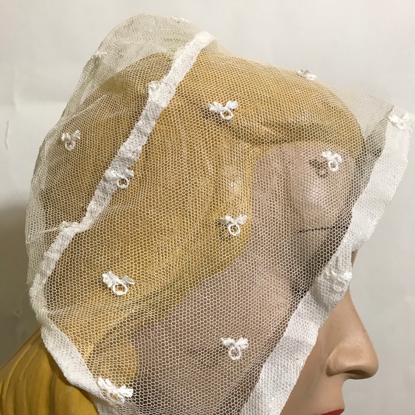 Ivory Embroidered Netting Cap Hat circa 1850