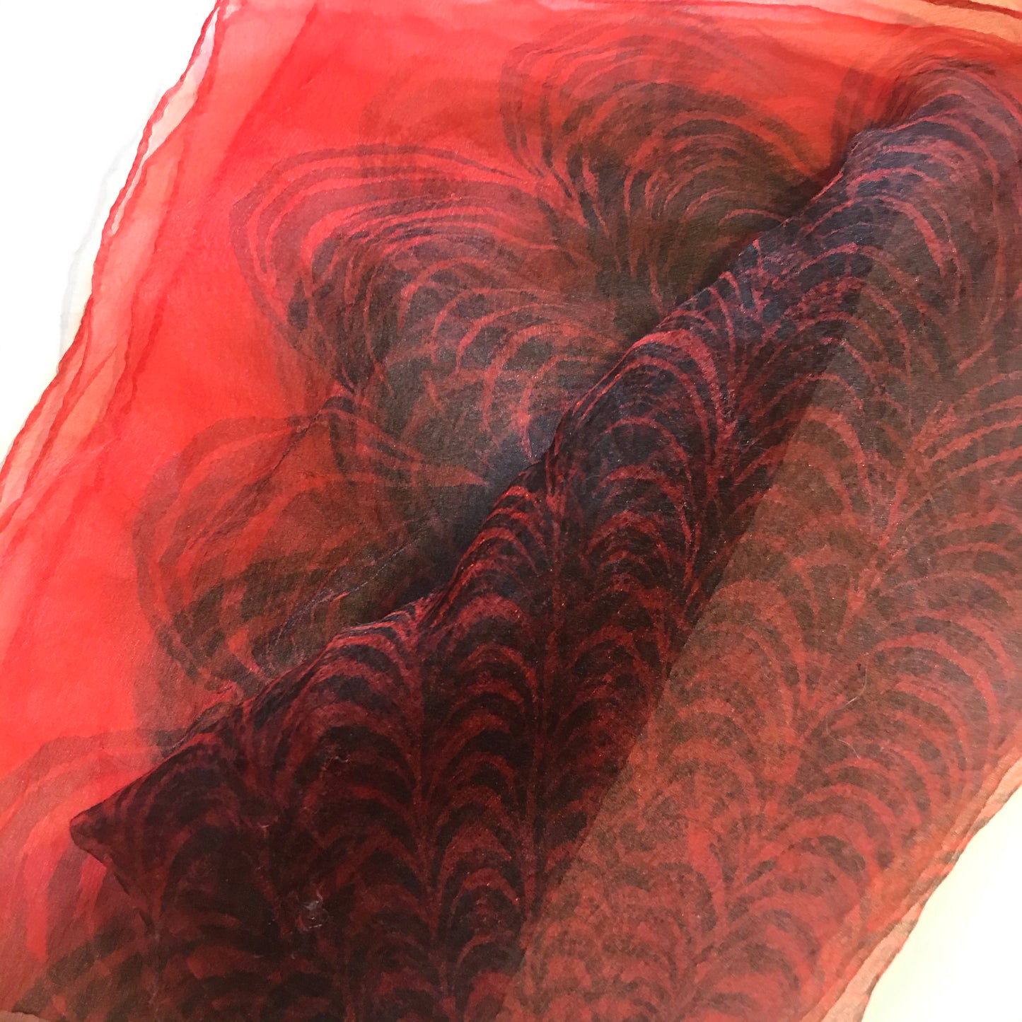 Red and Black Swirled Print Chiffon Scarf circa 1960s