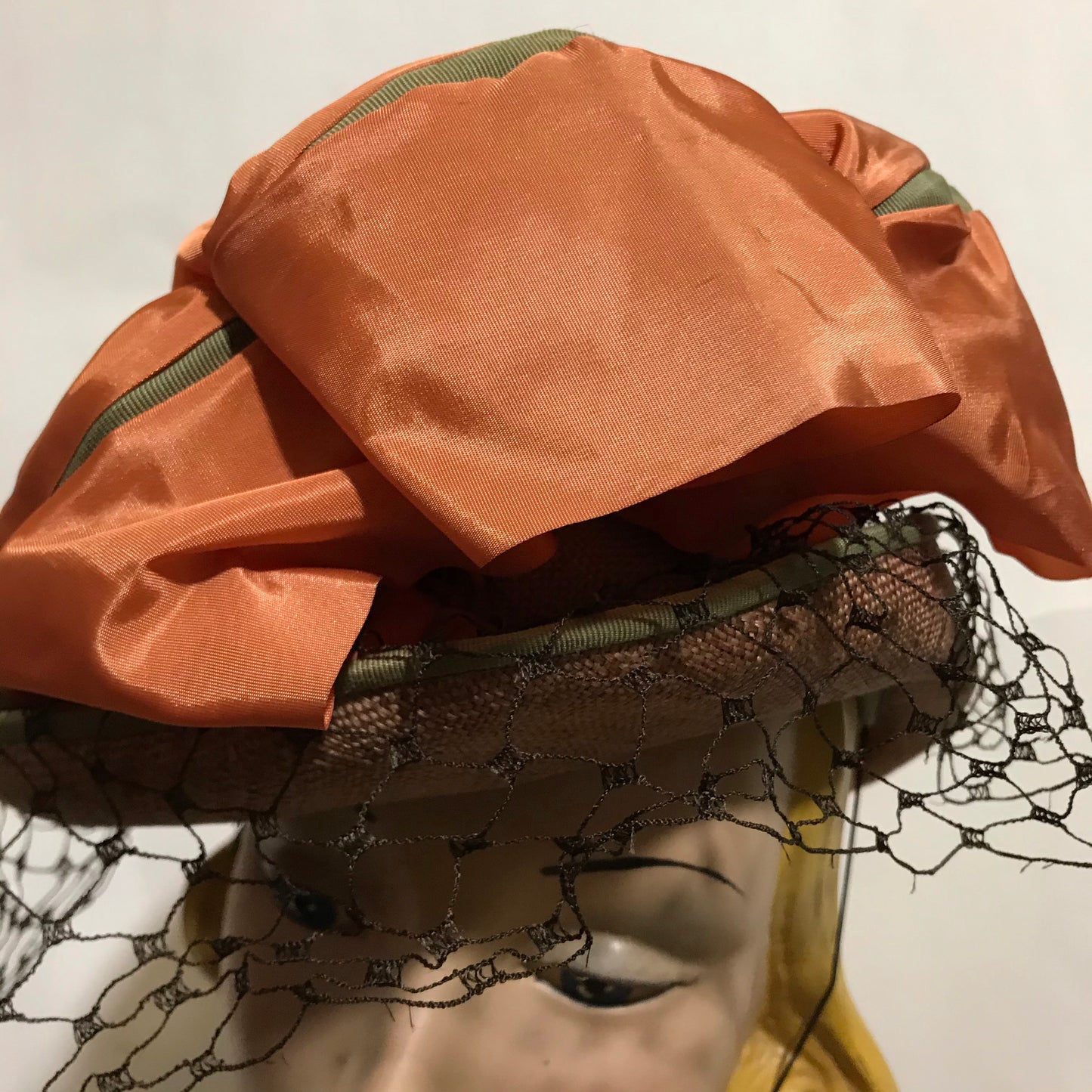Fawn Sisal Veiled Tilt Hat with Tangerine Bow circa 1940s