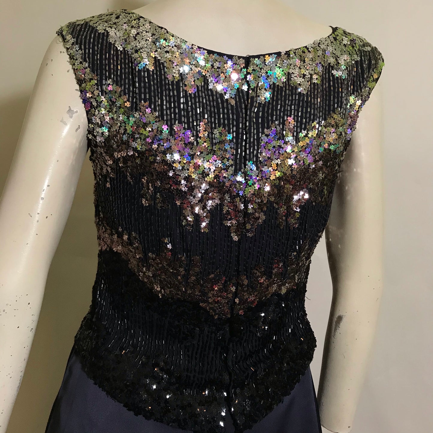 Sparkling Silver Star Sequined Bodice 3 Pc Deep Blue Silk Dress with Jacket circa 1960s