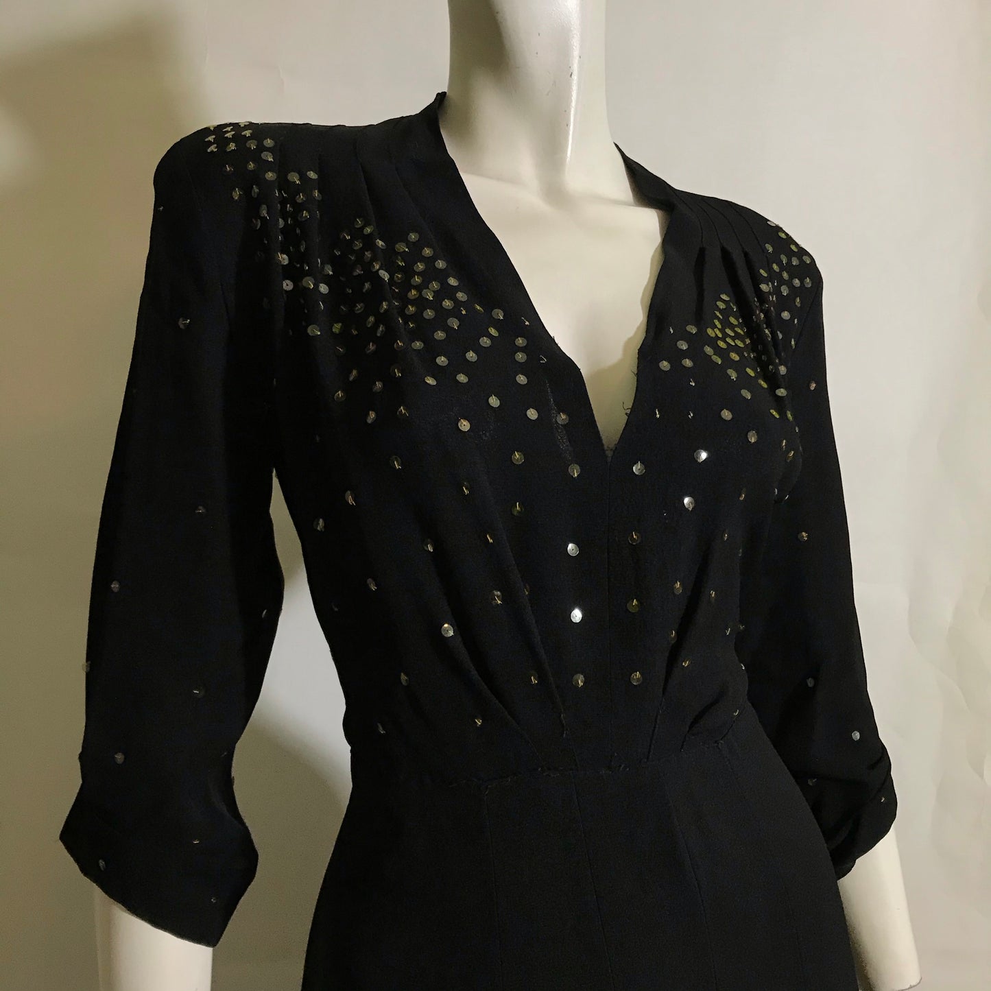 Black Crepe Rayon Evening Dress with Gold Gelatin Sequins circa 1940s