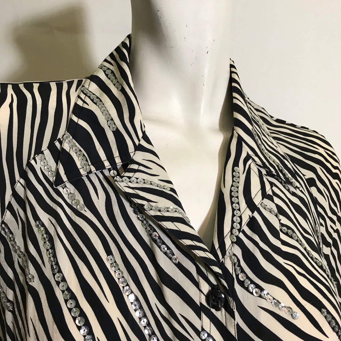 Chic Zebra Striped Silk Swing Cut Blouse with Sequins circa 1990s