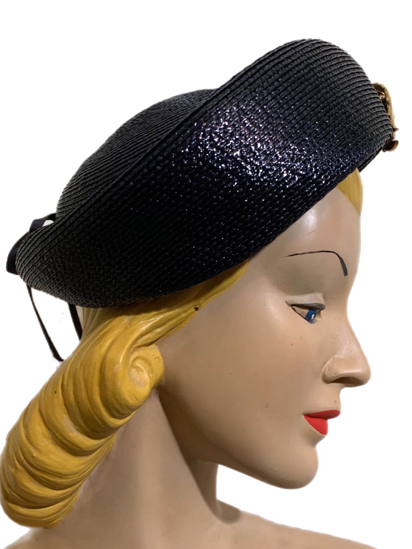 Deep Blue Glossy Sisal Rounded Hat with Bow Back circa 1960s