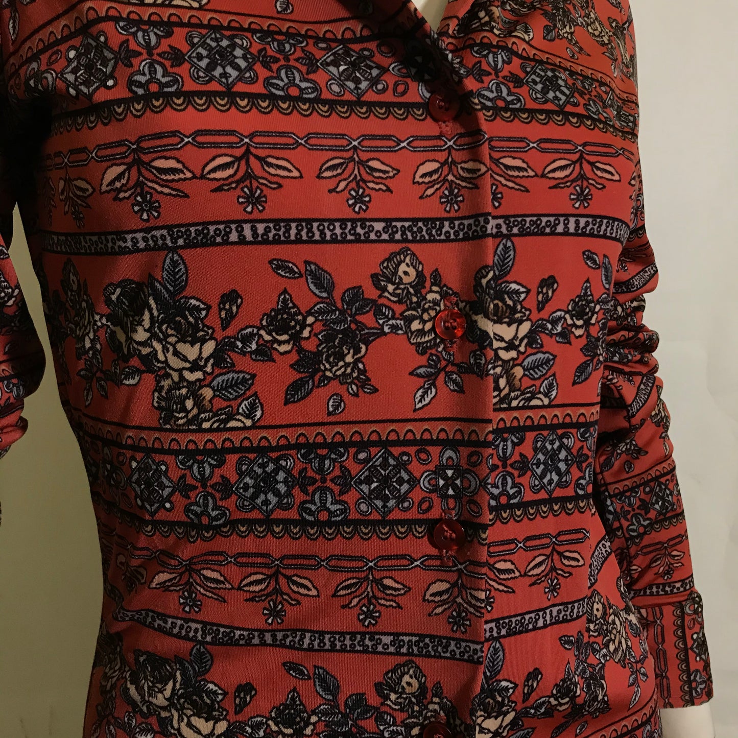 Red and Blue Rose Print Button Down Jersey Blouse circa 1970s