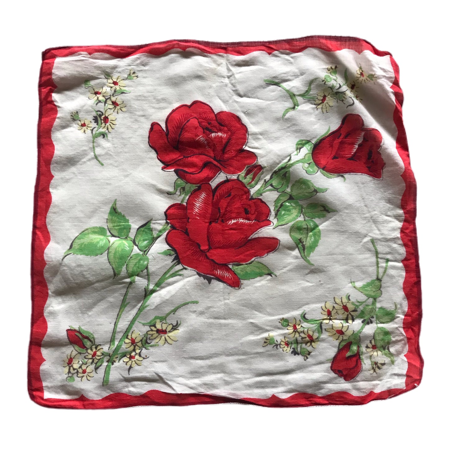 Red Rose Print Cotton Handkerchief circa 1940s