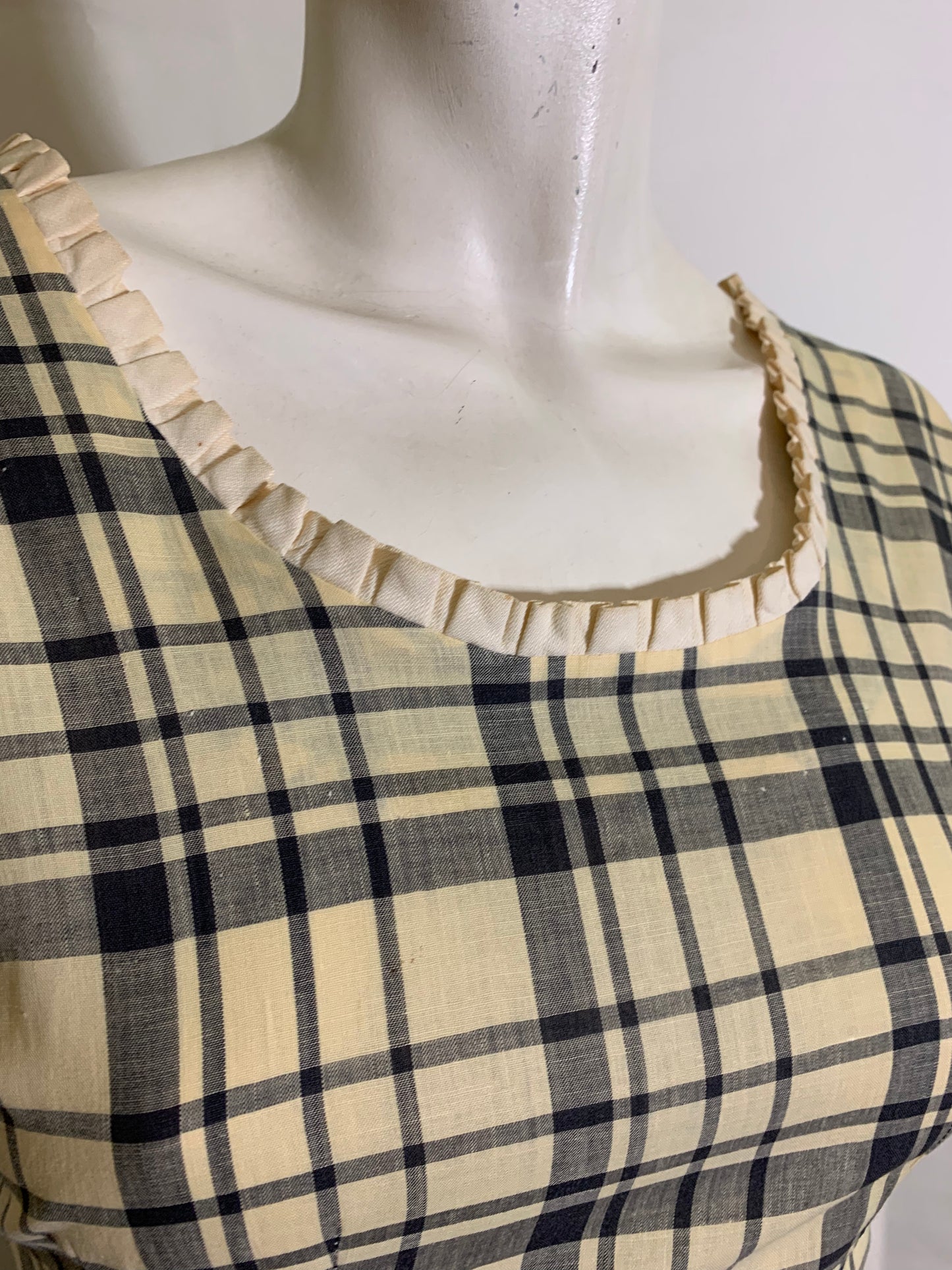 Sunlight Yellow and Blue Checked Cotton Dress with Lace Trim and Low Button Back circa 1940s
