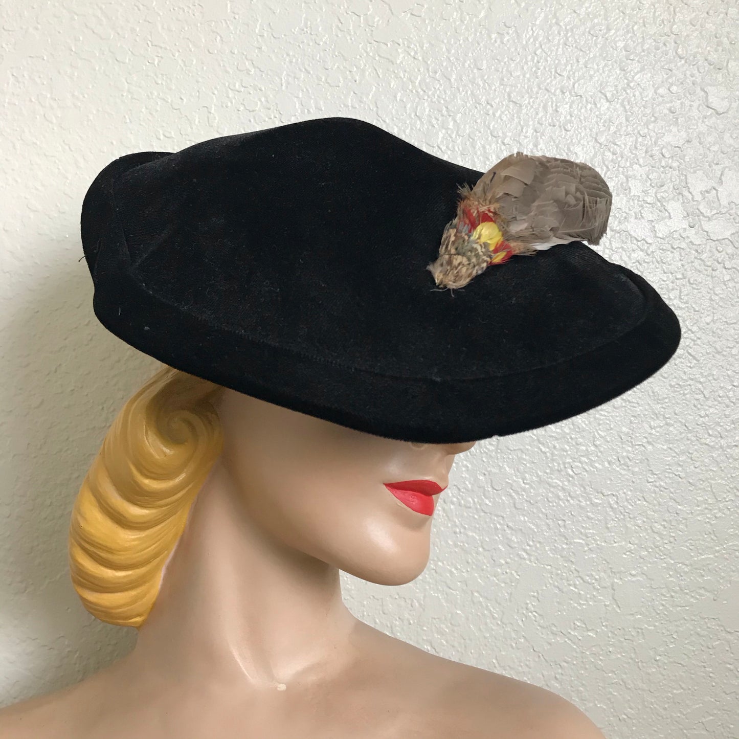 Black Velvet Curvy Platter Hat with Feather Spear circa 1940s