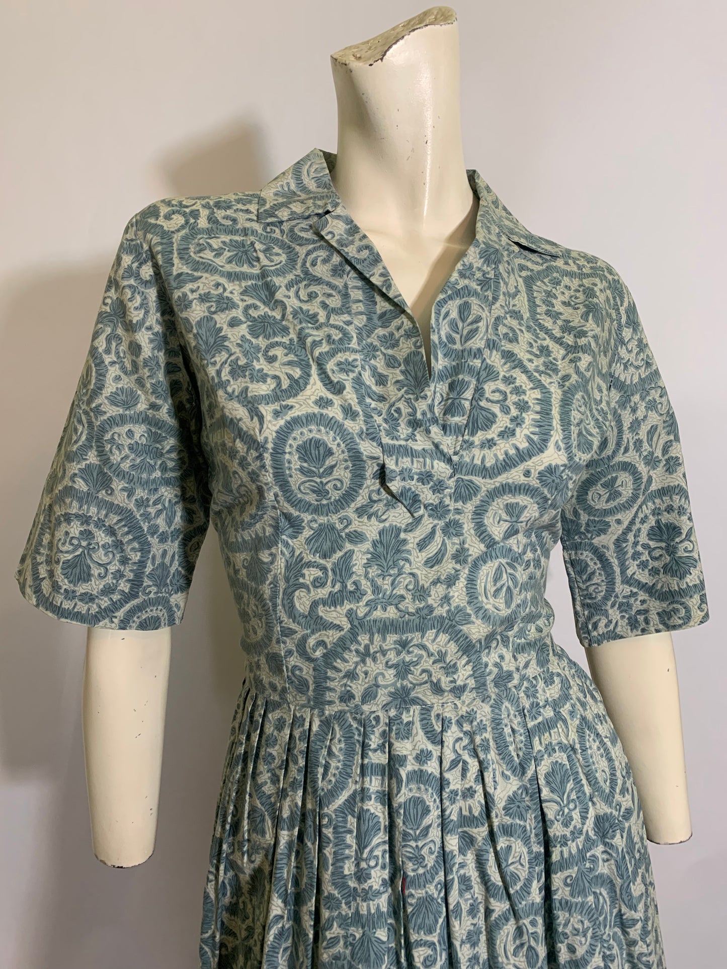 Soft Blue and Grey Medallion Print Cotton Shirt Waist Dress circa 1960s