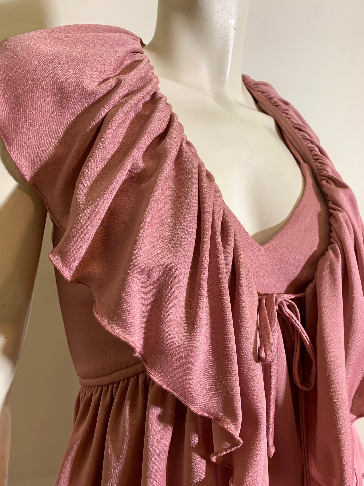 Violet Rose Crepe Nylon Disco Maxi Dress with Ruffled Jacket circa 1970s