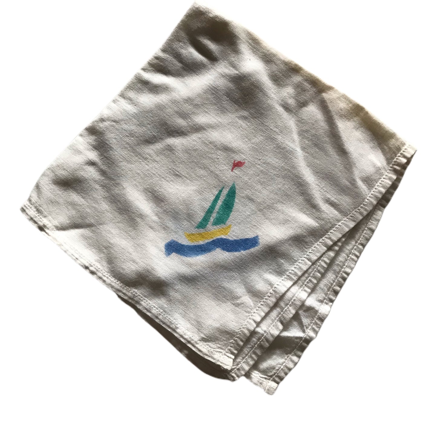 Hand Painted Sailboat Print Cotton Handkerchief circa 1930s
