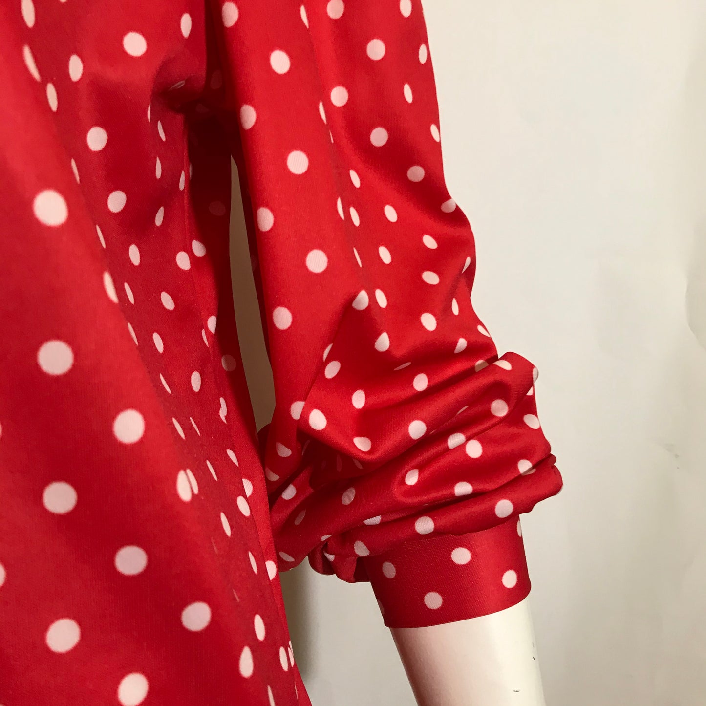 Red and White Polka Dot Button Up Blouse with Pussy Bow circa 1970s