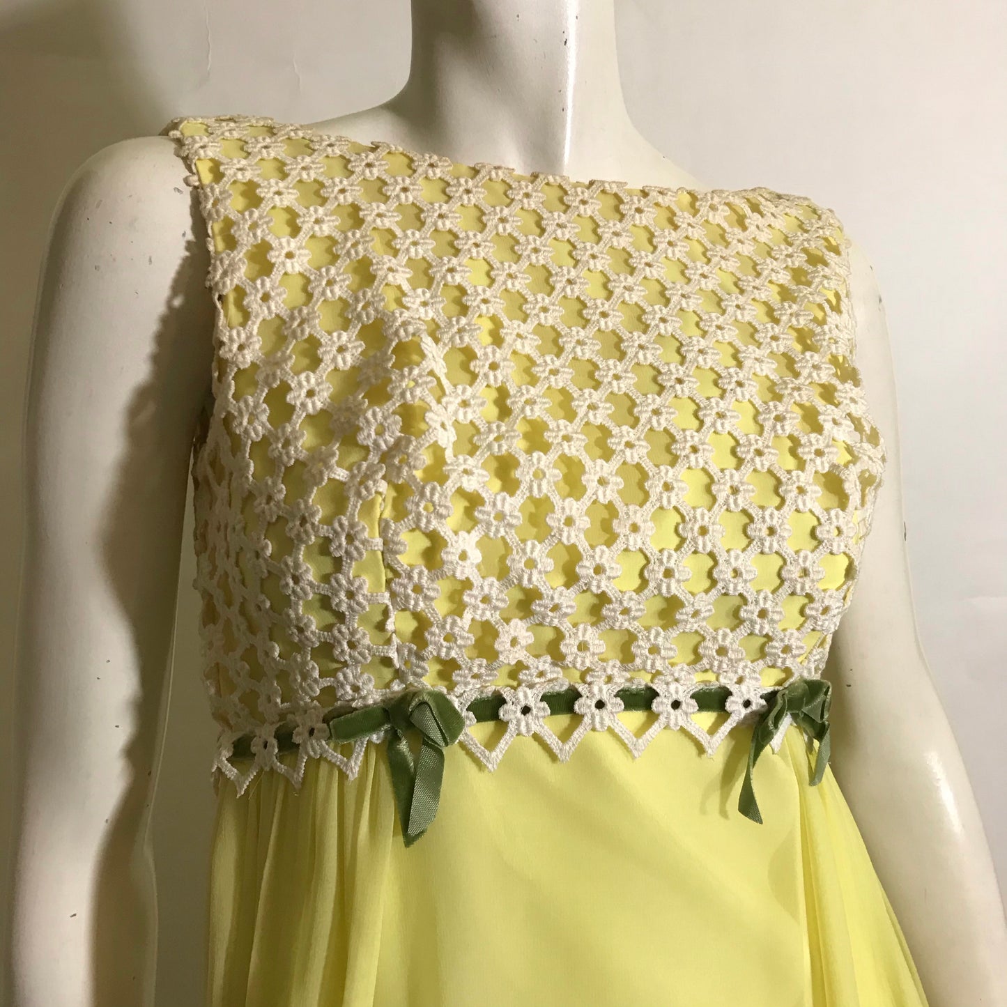 Regencycore Sunny Yellow and Moss Green Chiffon and Lace Maxi Dress circa 1960s