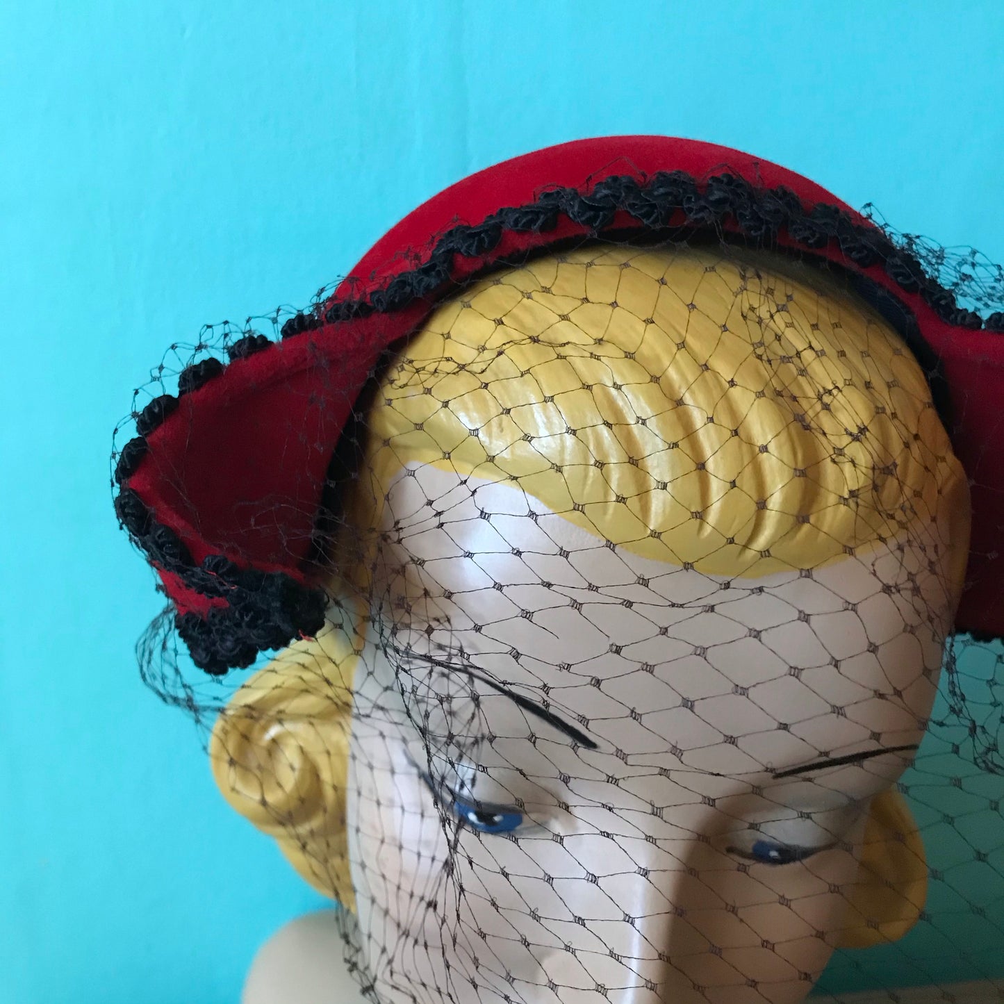 Molten Red Curled Devil Horn Veiled Cocktail Hat circa 1950s