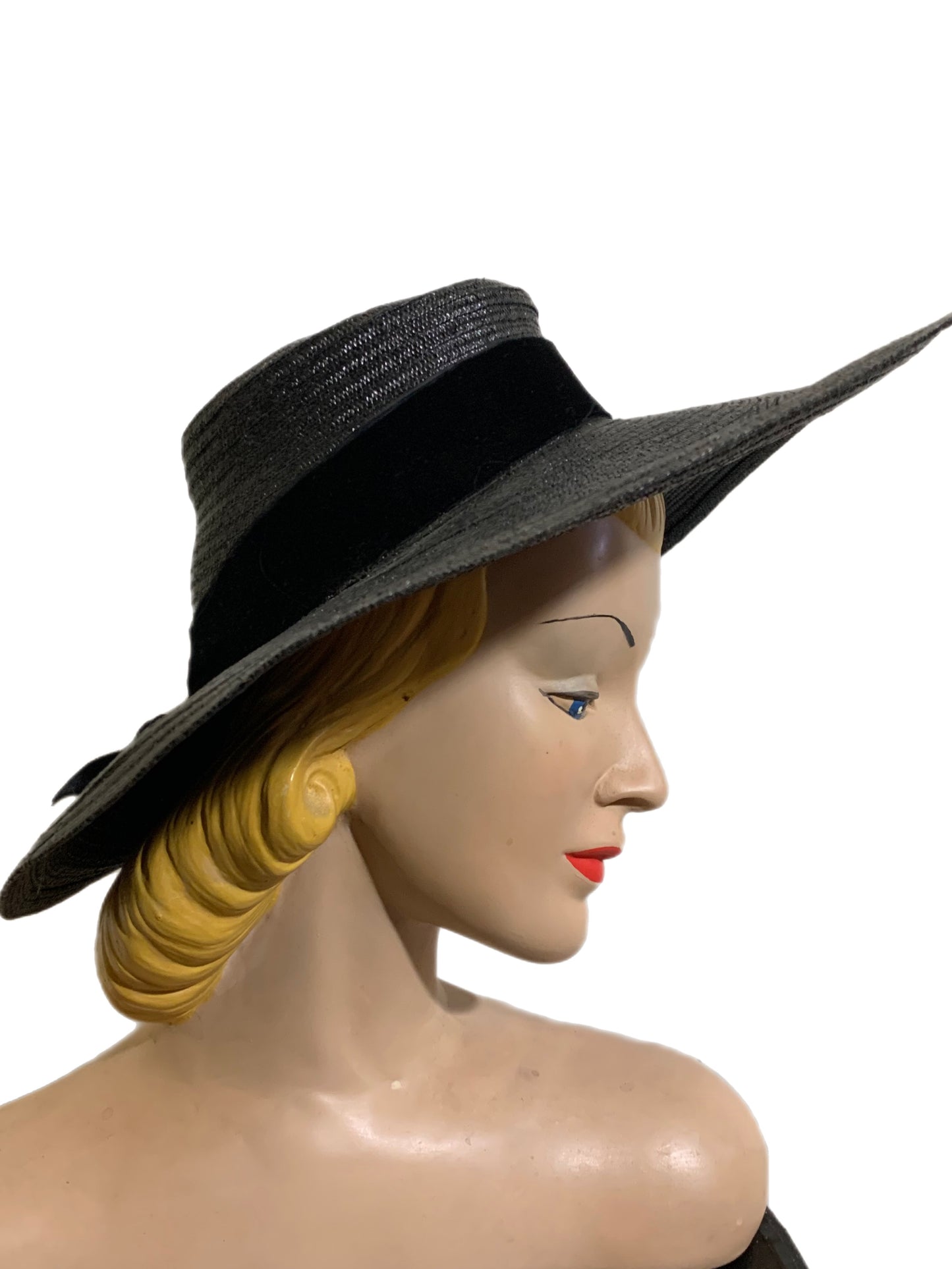 Panther Black Wide Brim Portrait Hat with Velvet Bow circa 1940s