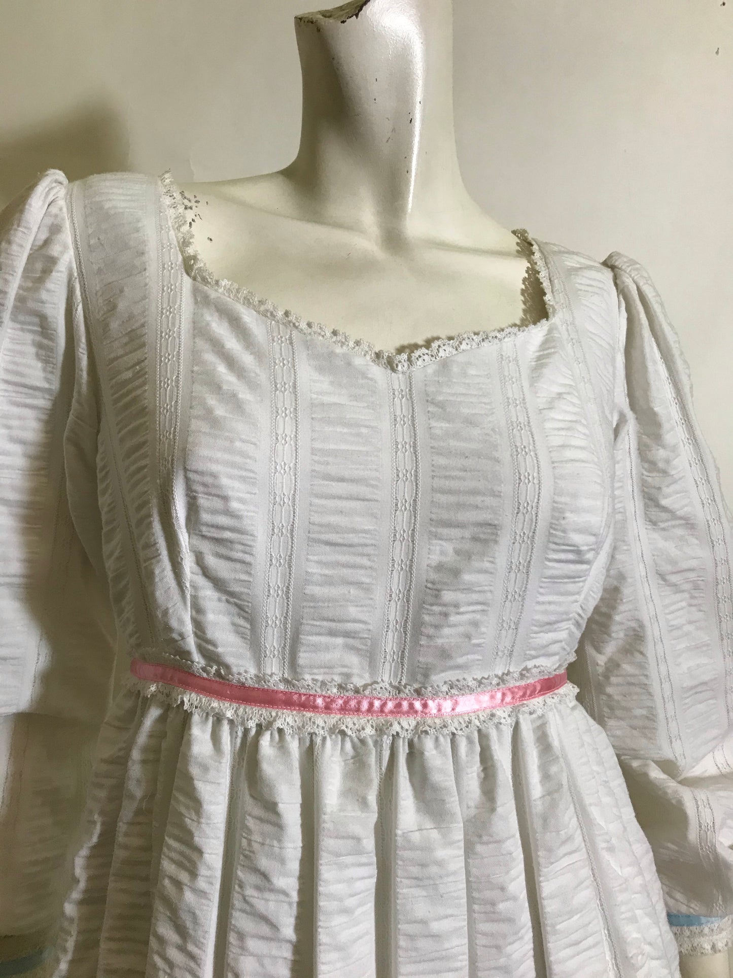 White Embroidered Cotton Maxi Dress with Pink and Blue Ribbon Trim circa 1970s
