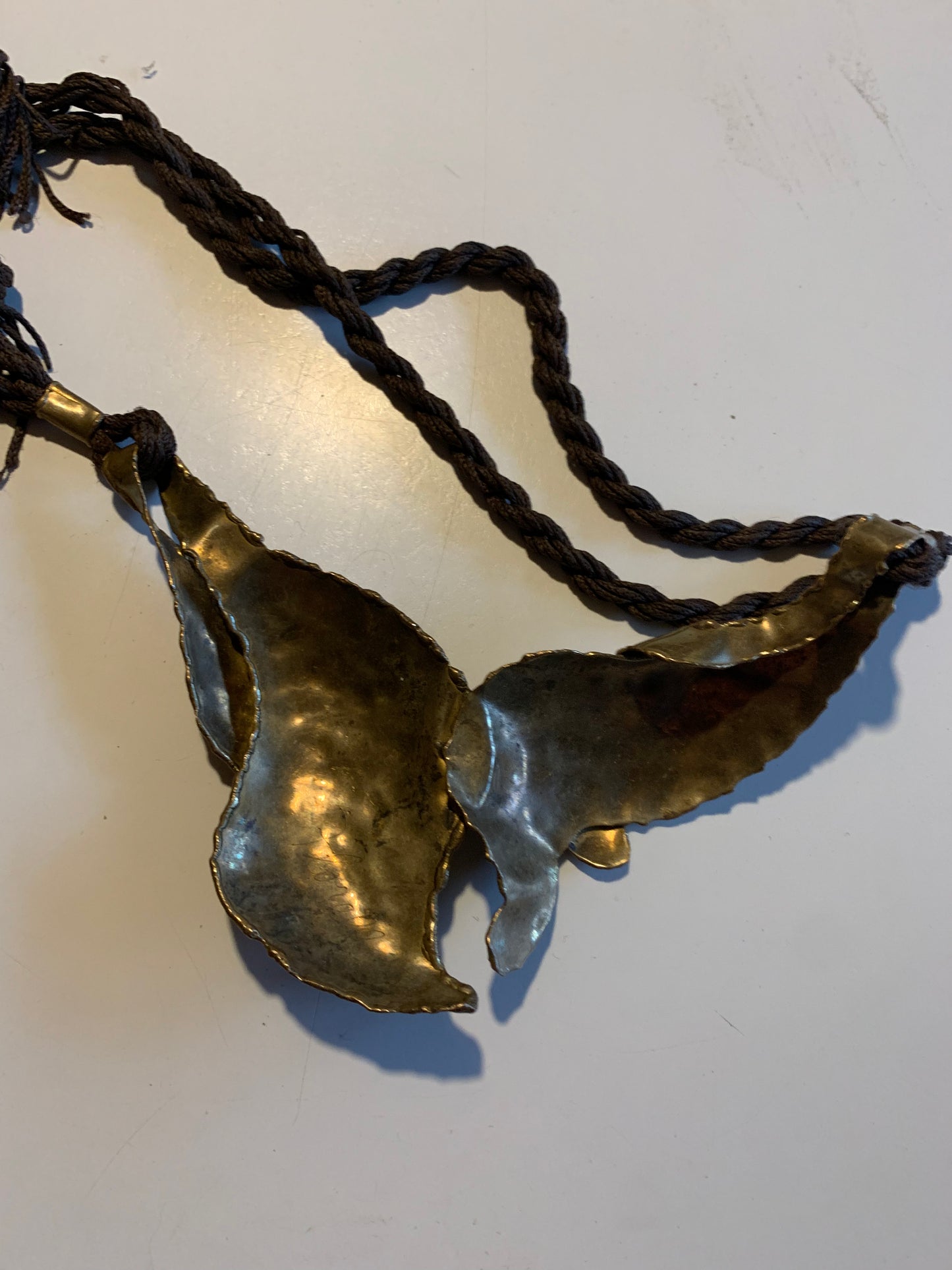 Hand Made Metal Shield Pendant and Silk Cord Abstract Art Necklace circa 1980s