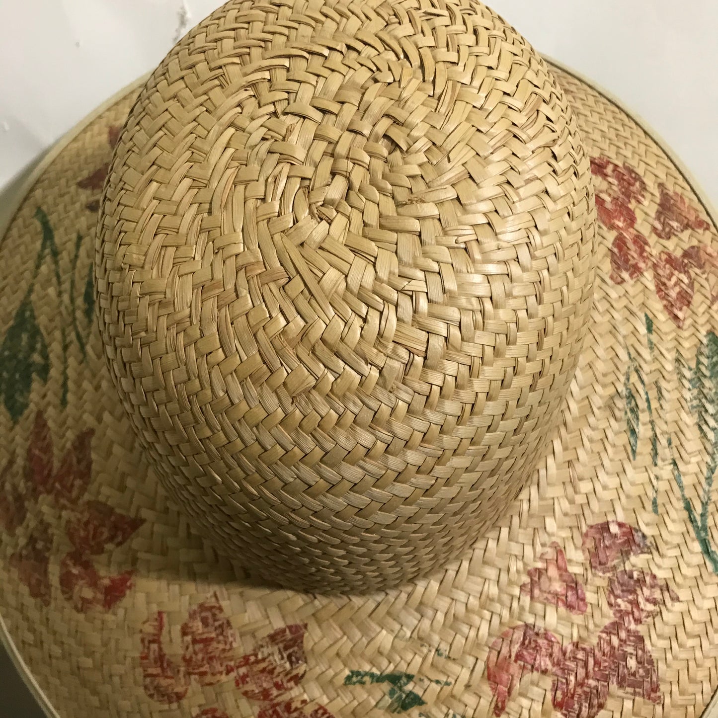 Braided Straw Wide Brim Garden Hat with Red Painted Flowers circa 1940s