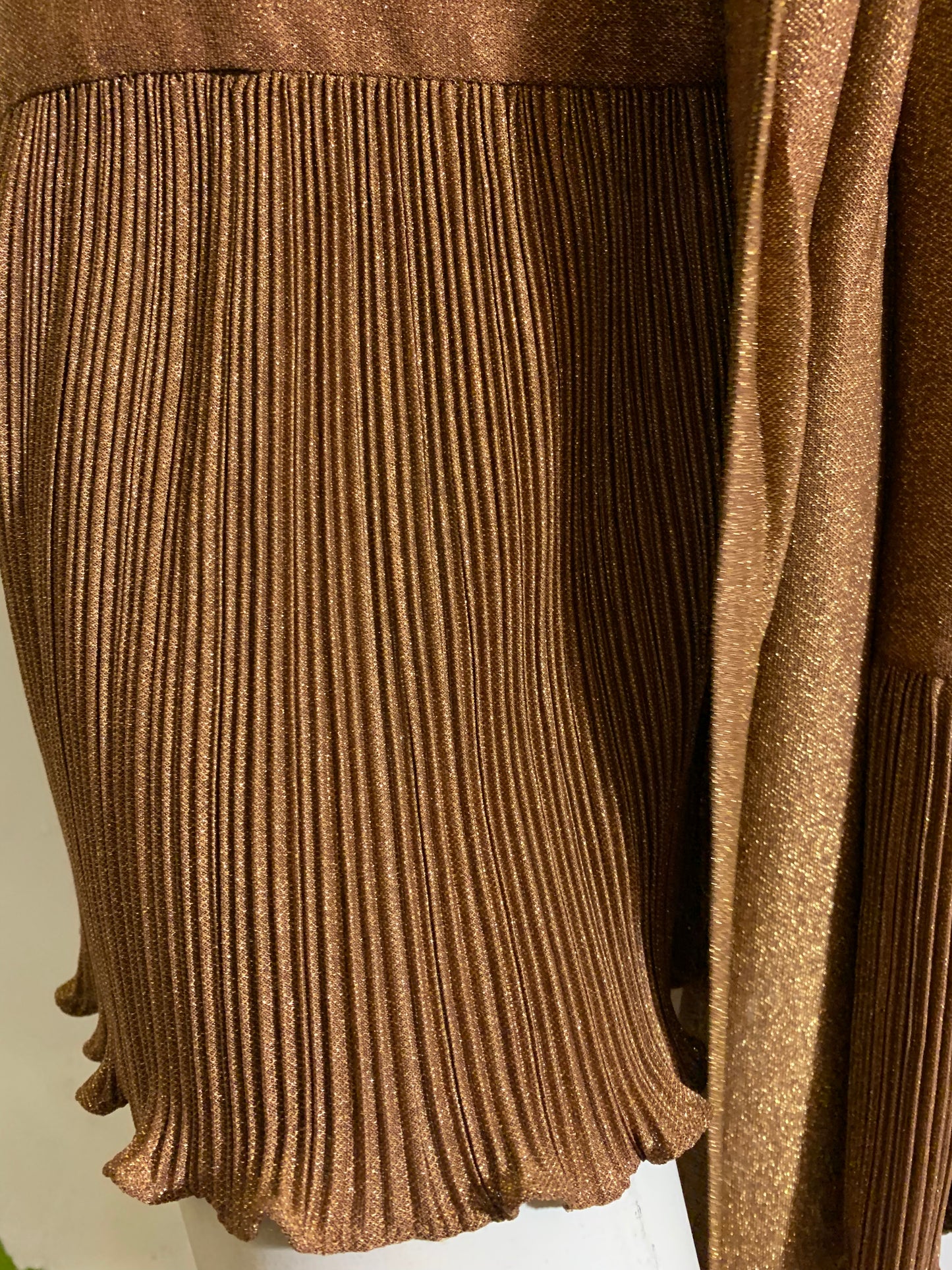 Amber Gold Lurex Mini Cocktail Dress with Micropleated Hem and Sash circa 1960s