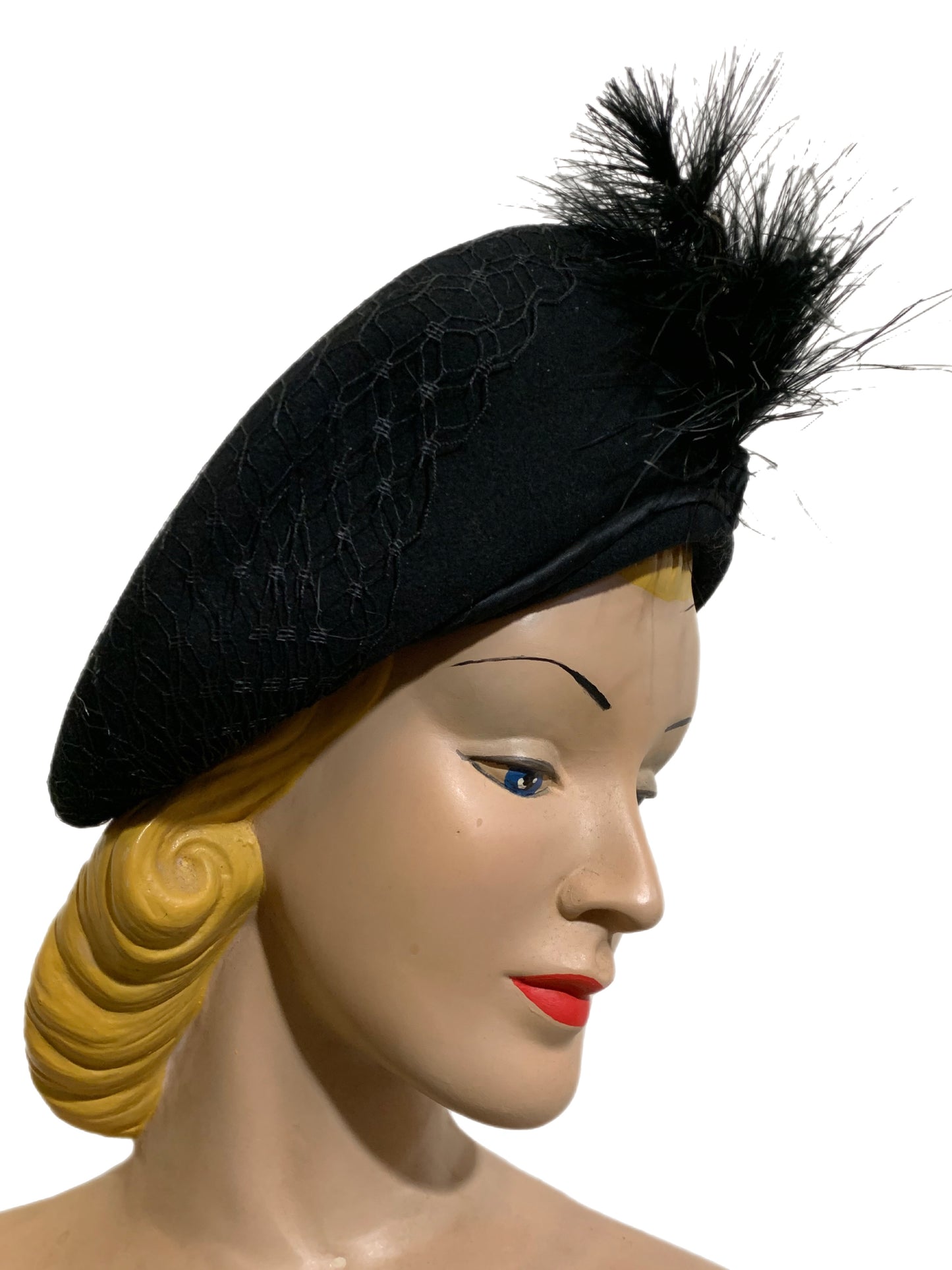 Angled Coal Black Veil Covered Hat with Feather Plume circa 1940s