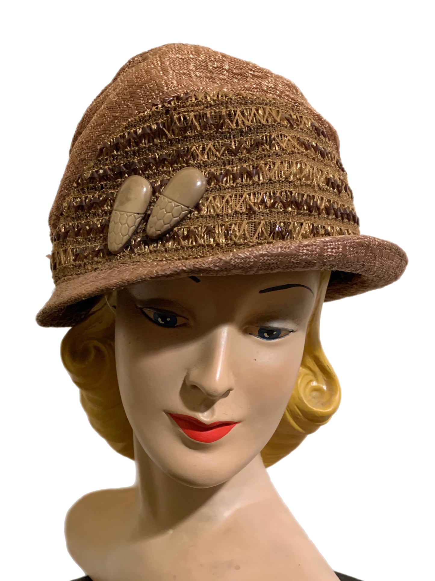 Late Teens/Early 20s Brown Ribbon and Carved Bakelite Trimmed Cloche Hat circa 1920s