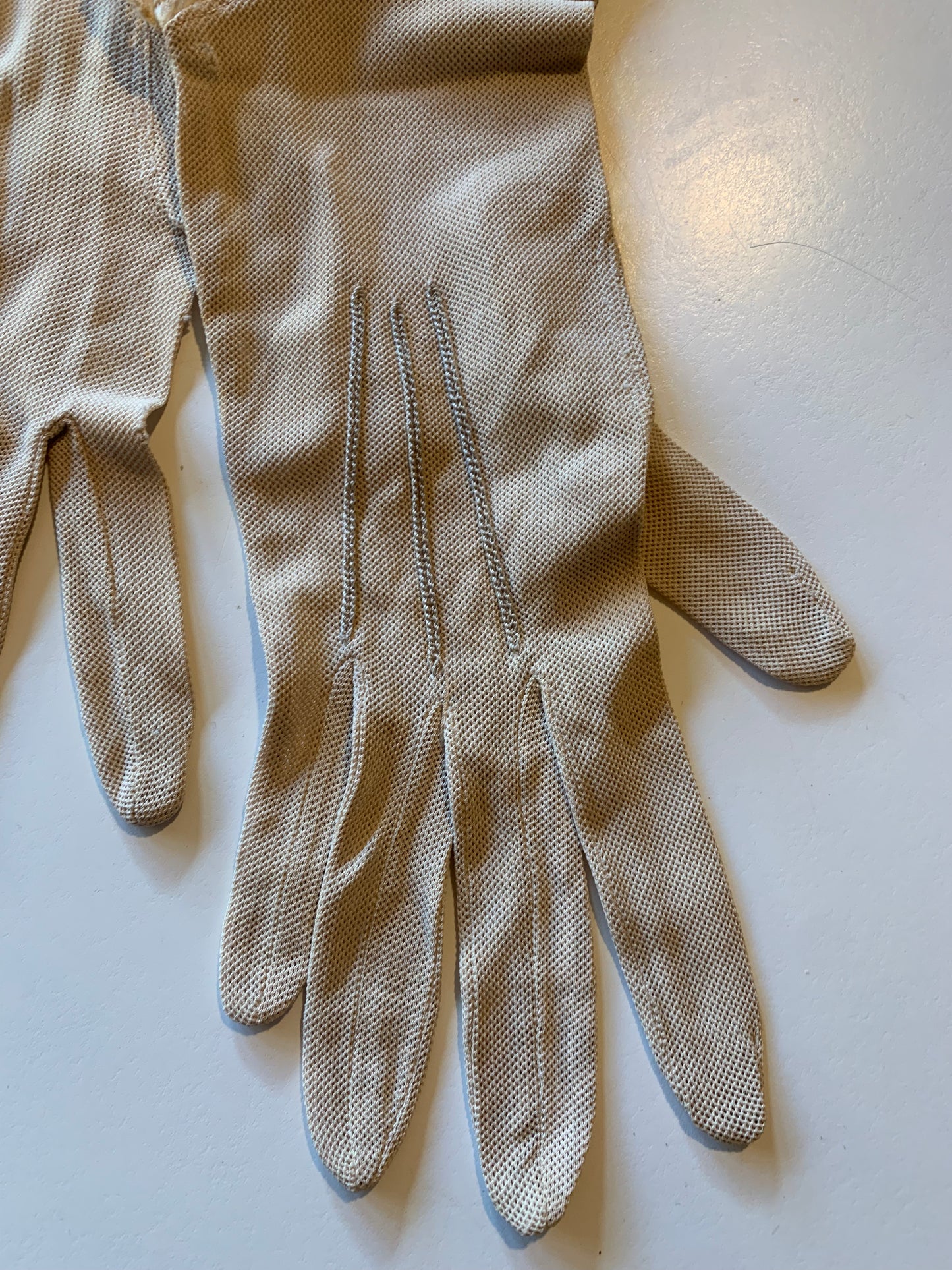 Ivory Jersey Mesh Gloves with Floral Fabric Appliqued Tatted Lace Wide Cuffs circa 1890s