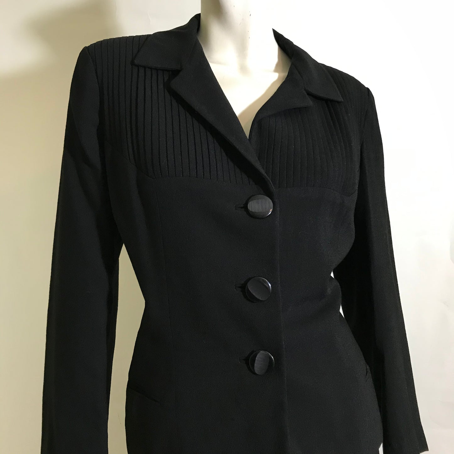 Black Wool Classic Suit with Pleated Accents circa 1950s
